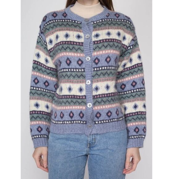 Vintage 90's L.L .Bean Pastel Fair Isle Front Button Cardigan in Size Large - Picture 1 of 12